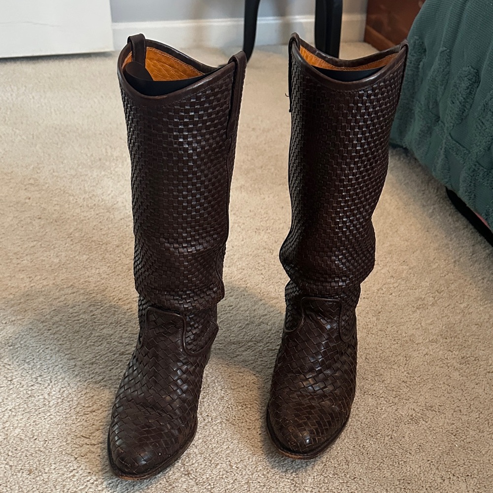 Frye Brown Woven Leather Knee Boots